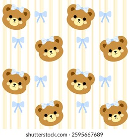 Cute little bear, blue bow on yellow background, seamless pattern, fabric pattern, gift wrapping paper