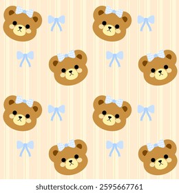 Cute little bear, blue bow on yellow background, seamless pattern, fabric pattern, gift wrapping paper