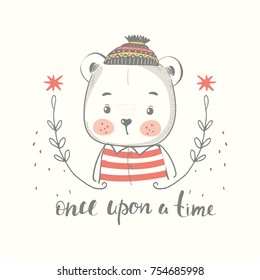 Cute little bear boy in hat cartoon hand drawn vector illustration. Can be used for baby t-shirt print, fashion print design, kids wear, baby shower celebration greeting and invitation card.