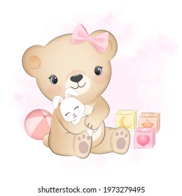 Cute little bear with bunny and baby toy hand drawn illustration