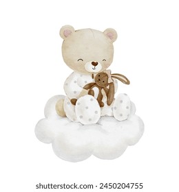 Cute Little Bear with Little Bunny Plushie Sitting on the Cloud