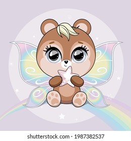 Cute little bear with butterfly wings over background with rainbow. Pastel soft colors. Vector.