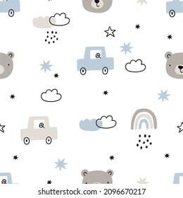 Cute little bear and car - vector illustrations in boho style. Nursery scandinavian seamless pattern