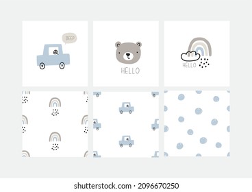 Cute little bear and car - vector illustrations in boho style. Nursery scandinavian seamless pattern