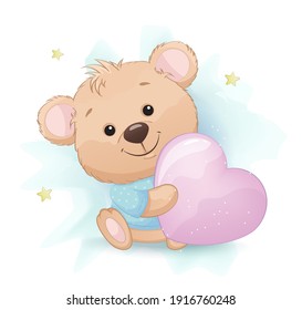 Cute Little Bear Cartoon Character Sitting With Big Pink Pillow In A Shape Of A Heart. Stock Vector Illustration, Clipart, Usable For Birthday Party Greeting Card, Invitation