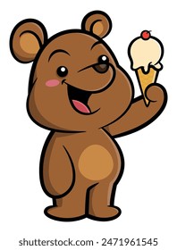 Cute little bear cartoon characters eating an ice cream at summer. Best for sticker, logo, and mascot for ice cream shop