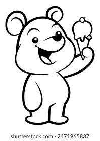 Cute little bear cartoon characters eating an ice cream at summer. Best for outline, logo, and coloring book for ice cream shop
