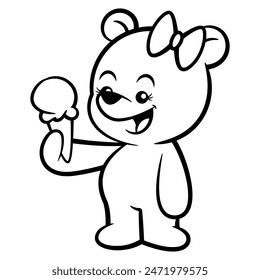 Cute little bear cartoon characters wearing butterfly hair tie. Eating an ice cream at summer. Best for outline, logo, and coloring book for ice cream shop