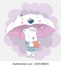 Cute little bear cartoon hand drawn vector illustration. Can be used for baby t-shirt print, fashion print design, children's wear, baby shower celebration, greeting and invitation card.
