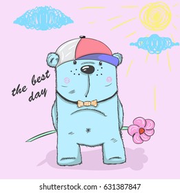 Cute little bear cartoon hand drawn vector illustration. Can be used for printing t-shirts, fashion printing design, kids clothes, baby shower, holiday greeting and invites.
