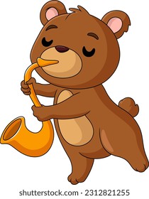 Cute little bear cartoon playing golden trumpet