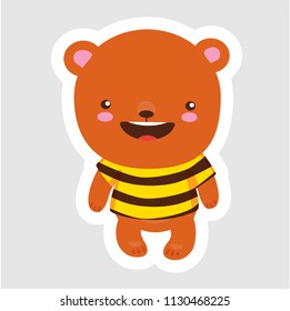 Cute little bear in cartoon style wearing bee t-shirt on gray background. Use as symbol icon emblem mascot badge sticker character cartoon emoticon pattern toy. Vector isolated illustration. Hand draw