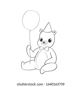 Cute little bear character with balloon hand drawn vector illustration. Can be used for t-shirt print, kids wear, fashion design, baby shower invitation card, poster, birthday, nursery