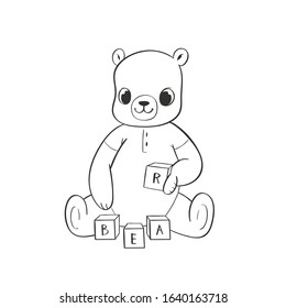 Cute little bear character play with toys hand drawn vector illustration. Can be used for t-shirt print, kids wear, fashion design, baby shower invitation card, poster, birthday, nursery