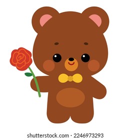Cute little bear character with rose flower. Cartoon vector illustration for children
