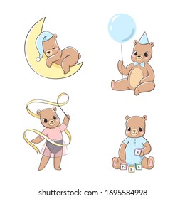 Cute little bear characters hand drawn vector illustration set: sit, sleep, with balloon. Can be used for print, kids wear, fashion design, baby shower invitation card, poster, birthday, nursery