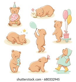 Cute little bear characters set. Perfect for baby shower celebration greeting card, stickers, invitation, t-shirt print, fashion design, kids wear. Cartoon hand drawn style, vector illustration.