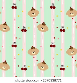 Cute little bear, cherry, cake on green background, pink lines, fabric pattern, seamless pattern 