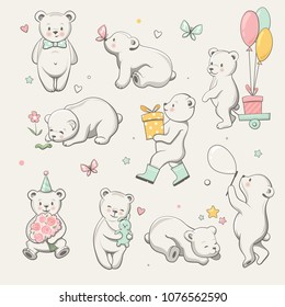 Cute little bear collection. Perfect for baby shower celebration greeting card, stickers, invitation, t-shirt print, fashion design, kids wear. Cartoon hand drawn style, vector illustration.