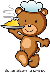 Cute little bear cooking egg wearing chef hat, background isolated vector illustration concept.