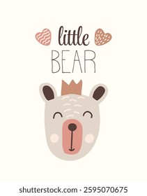 Cute little bear with crown and hearts for baby nursery art vector illustration