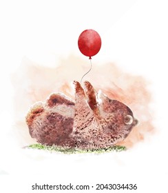 Cute little bear cub is lying in a clearing and holding a red balloon, watercolor illustration