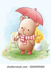 cute little bear cub and an umbrella cartoon illustration, watercolor animals Isolated on white background, for cover book, print, baby shower, nursery decorations, birthday invitations, greeting card