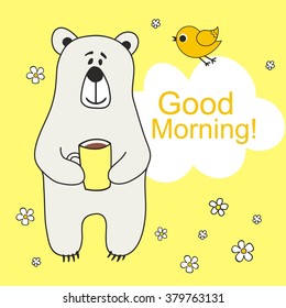 The cute little bear with cup of coffee. Vector illustration. 