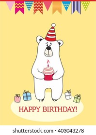 The cute little bear with cupcake and gift. Vector illustration greeting card. 