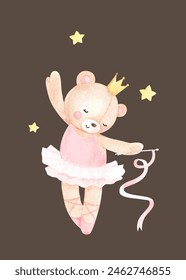 Cute little bear dancing, adorable watercolor animal character illustration	