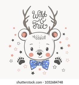 Cute little bear with deer horns. Wild and Free slogan. Vector illustration for kids