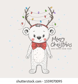 Cute little bear with deer horns, christmas garland, bow tie. Christmas card. New Year. Season's Greetings. Vector illustration