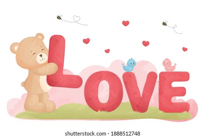 Cute Little Bear With Digital Watercolor Effect
