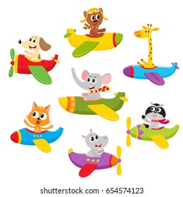 Cute little bear, dog, cat, elephant, giraffe, raccoon, hippo animals flying on airplanes, cartoon vector illustration isolated on a white background. Little baby animal characters flying on airplanes