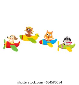 Cute little bear, dog, cat, accoon animals flying on airplanes, cartoon vector illustration isolated on a white background. Little baby animal characters flying on airplanes