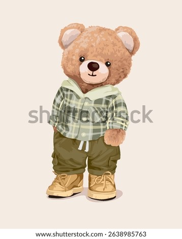 cute little bear doll in checked shirt and cargo pant vector illustration