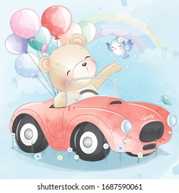 Cute little bear driving a car