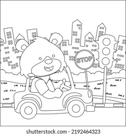 Cute little bear driving a car go to forest funny animal cartoon,  Trendy children graphic with Line Art Design Hand Drawing Sketch Vector illustration For Adult And Kids Coloring Book.