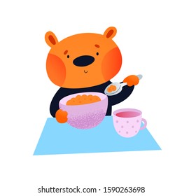 Cute little bear eat his breakfast. Adorable kid with food. Lovely baby animal with plate and cup. Childish cartoon vector illustration in flat style. Good for card, poster, print, book, decoration