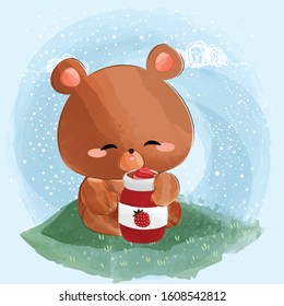 cute little bear eat strawberry jam