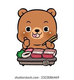 Cute Little Bear Eating Korean Barbecue. or Thai Style Thai BBQ. Moo Kratha.