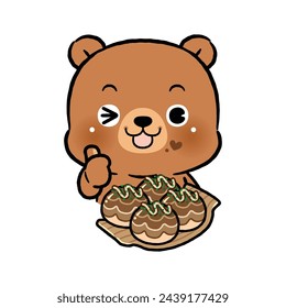 Cute Little Bear Eating Takoyaki. Flat Design. Kawaii Cartoon Style