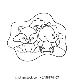 cute little bear with elephant in landscape