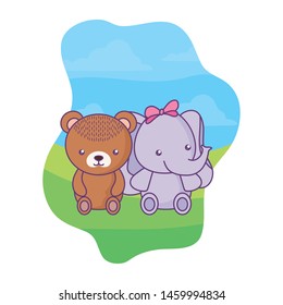 cute little bear with elephant in landscape