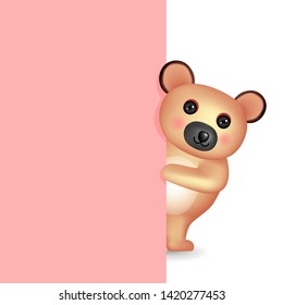 The cute little bear emerges from behind the pink wall. holding blank page for adding text. vector illustration.
