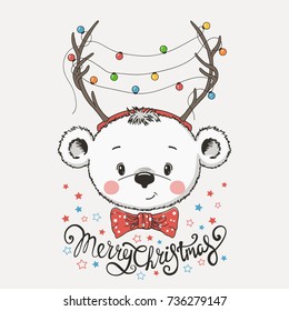 Cute little bear in fancy dress deer. Christmas. New Year. Season's Greetings. Hand drawn illustration