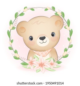 Cute Little Bear and flora frame, cartoon animal watercolor illustration