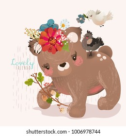 Cute little bear in floral wreath with beautiful forest branch and the bird with flower