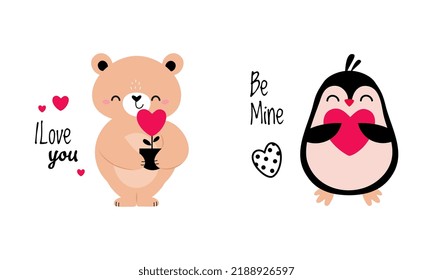 Cute Little Bear with Flower in Pot and Penguin with Heart as Valentine Day Celebration Vector Set