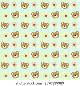 Cute little bear, flowers, on a blue background, green checkered pattern, fabric pattern , seamless pattern 
